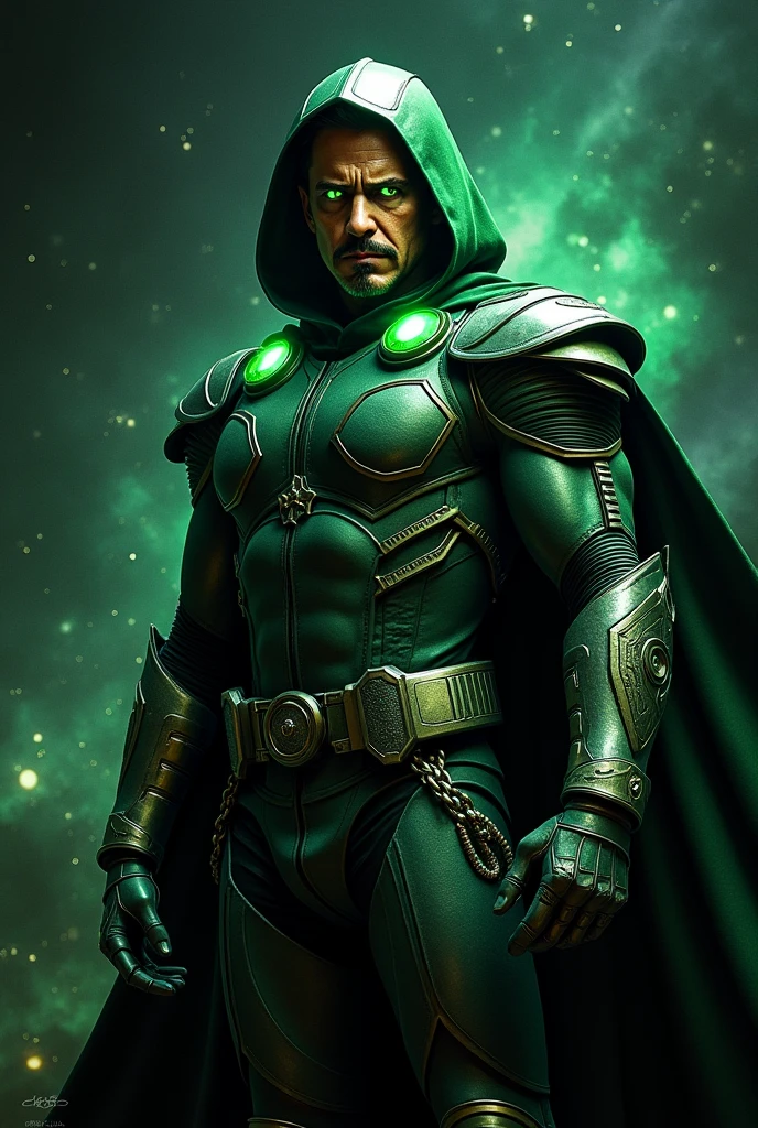 Generate a Robert Downey Jr. Doctor Doom looking straight ahead with green glow in his eyes in dark space