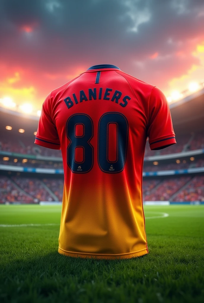 Soccer jersey with a red and yellow fade, with small wolf claws, the number 80 and a small wolf