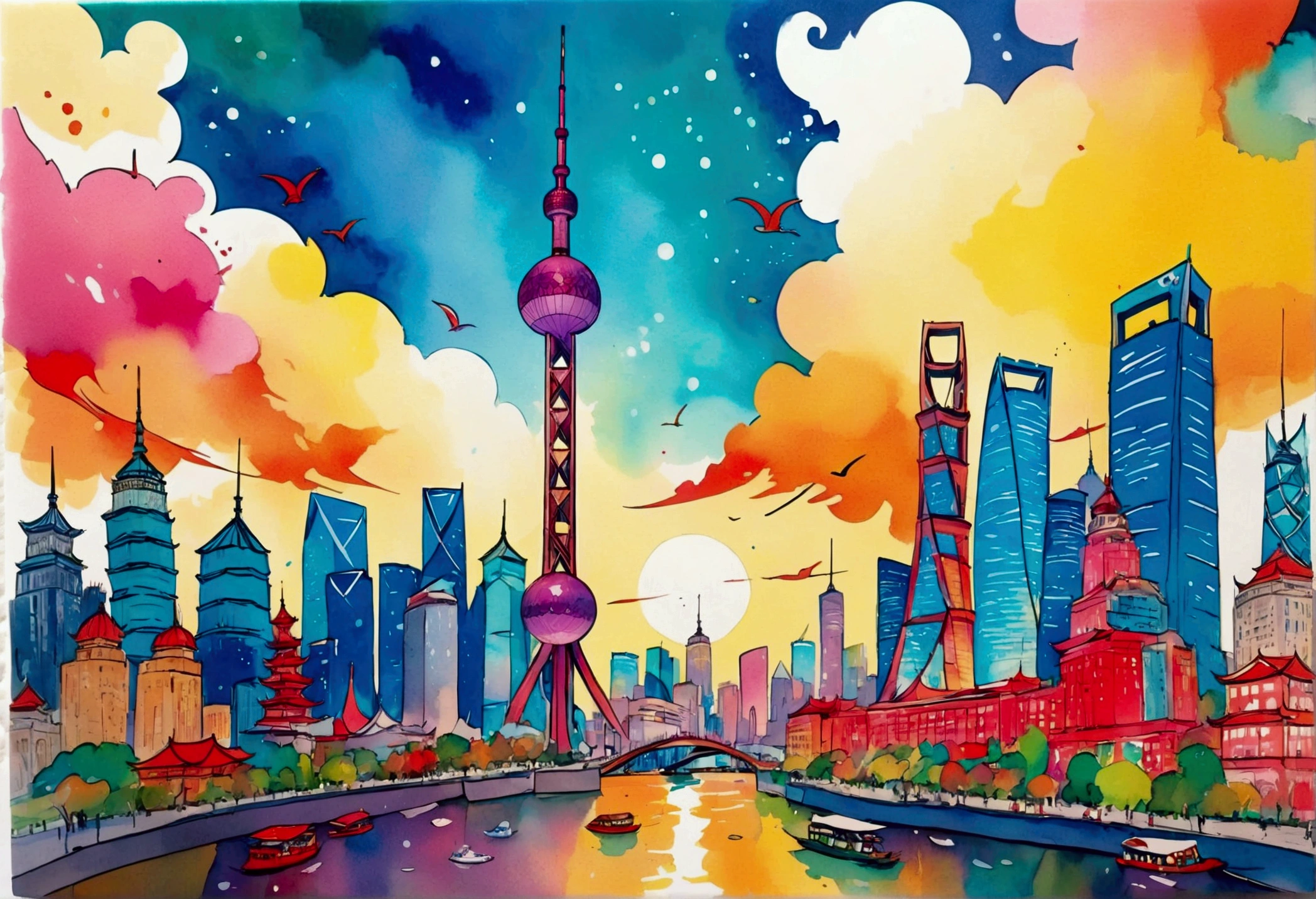 A postcard with the word &quot;Shanghai&quot; printed on top of the Oriental Pearl Tower，in the style of Quentin Blake,Hand-drawn illustration style,Watercolor illustration, white background, Lots of white space, Minimalism, centered image, illustration, cartoon, animated movie, award-winning, bold outlines, vibrant colors, shapes, mythical creature, colorful energy, white background