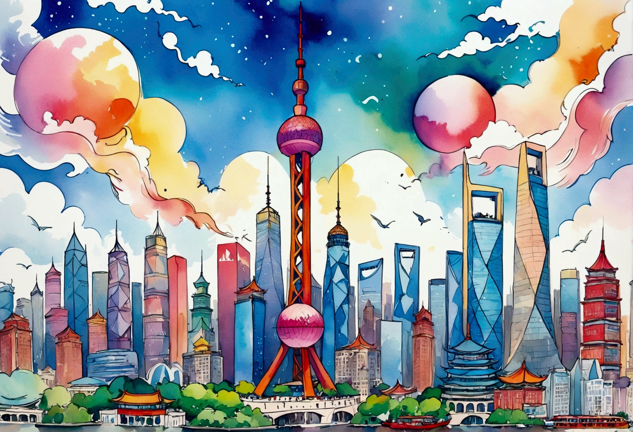 A postcard with the word &quot;Shanghai&quot; printed on top of the Oriental Pearl Tower，in the style of Quentin Blake,Hand-drawn illustration style,Watercolor illustration, white background, Lots of white space, Minimalism, centered image, illustration, cartoon, animated movie, award-winning, bold outlines, vibrant colors, shapes, mythical creature, colorful energy, white background