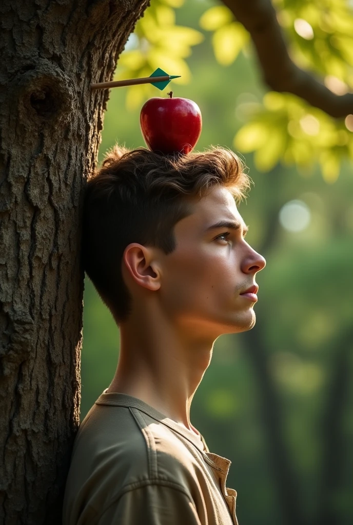 He leaned against a tree with an apple on his head and an arrow on his forehead. realisitic