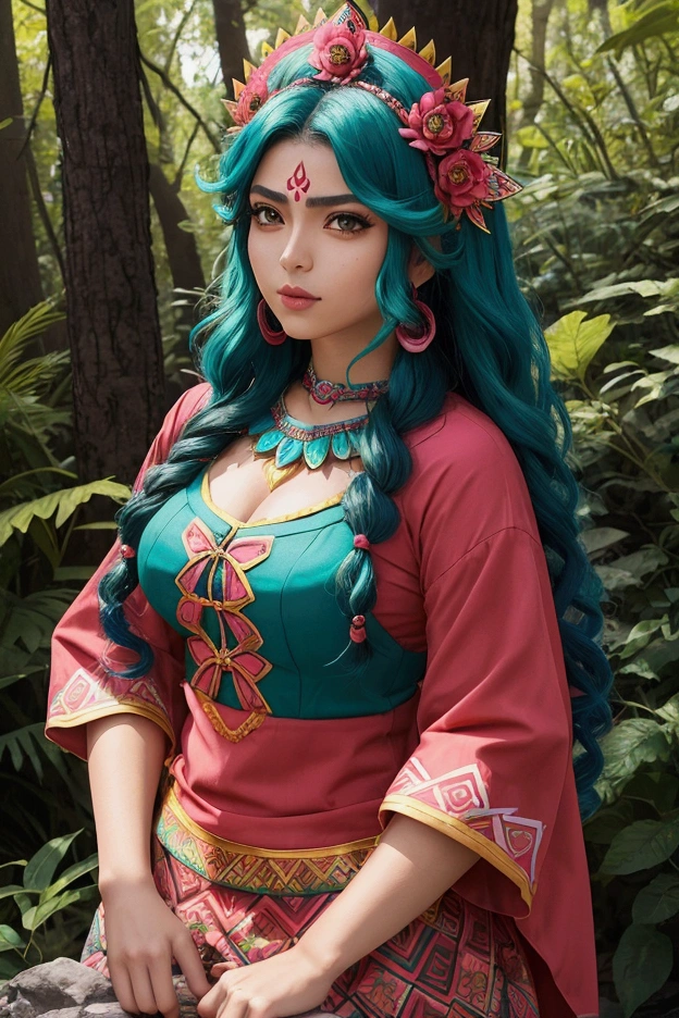 Create an anime style illustration of a Mexican woman cosplaying as a Mexican Aztec warrior, stopping on a rock with vegetation. She should have medium-length hair styled with soft curls, dyed with a bright Mexican pink. Dress it up with a vibrant outfit in a deep red, sunny green and intense turquoise, that features a fun design with a fitted blouse and a patterned skirt. Her expression should be relaxed and happy, reflecting her enjoyment of the elegant surroundings. Highlight the detailed elements of her cosplay and the sophisticated and welcoming atmosphere of the forest.