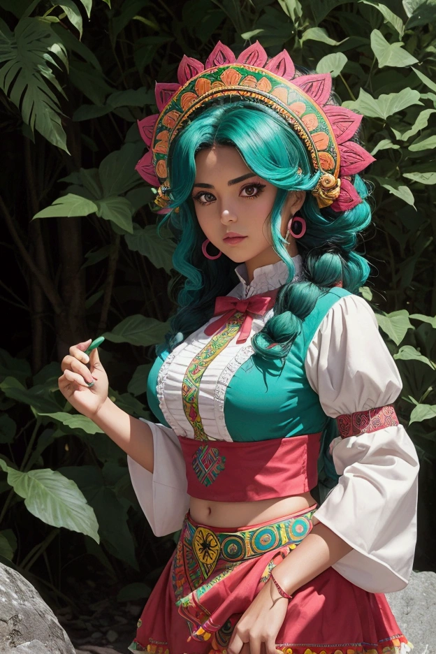 Create an anime style illustration of a Mexican woman cosplaying as a Mexican Aztec warrior, stopping on a rock with vegetation. She should have medium-length hair styled with soft curls, dyed with a bright Mexican pink. Dress it up with a vibrant outfit in a deep red, sunny green and intense turquoise, that features a fun design with a fitted blouse and a patterned skirt. Her expression should be relaxed and happy, reflecting her enjoyment of the elegant surroundings. Highlight the detailed elements of her cosplay and the sophisticated and welcoming atmosphere of the forest.
