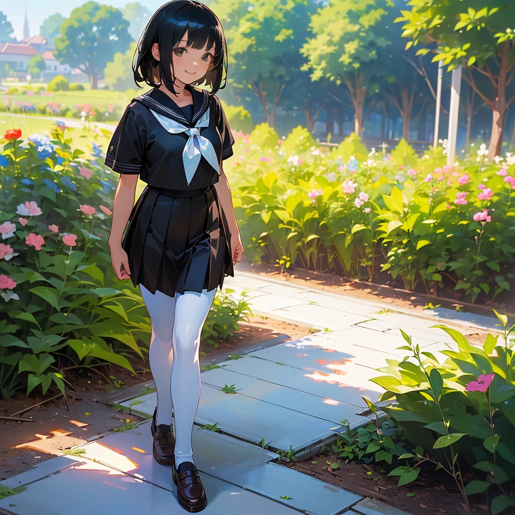 (Highest quality, High resolution, Very detailed, Realistic:1.37), Peaceful atmosphere, (Outdoor, garden), Teenage girl standing alone, Beautiful and detailed features, Cute Smile, ((Black bob hair)),Short-sleeved sailor uniform, Pleated skirt,Black tights,Brown leather shoes.