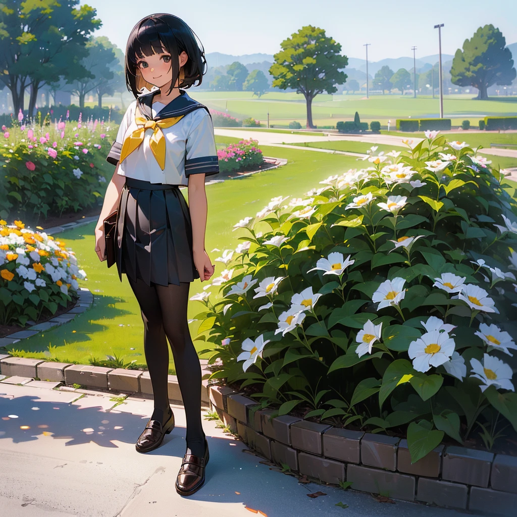 (Highest quality, High resolution, Very detailed, Realistic:1.37), Peaceful atmosphere, (Outdoor, garden), Teenage girl standing alone, Beautiful and detailed features, Cute Smile, ((Black bob hair)),Short-sleeved sailor uniform, Pleated skirt,Black tights,Brown leather shoes.
