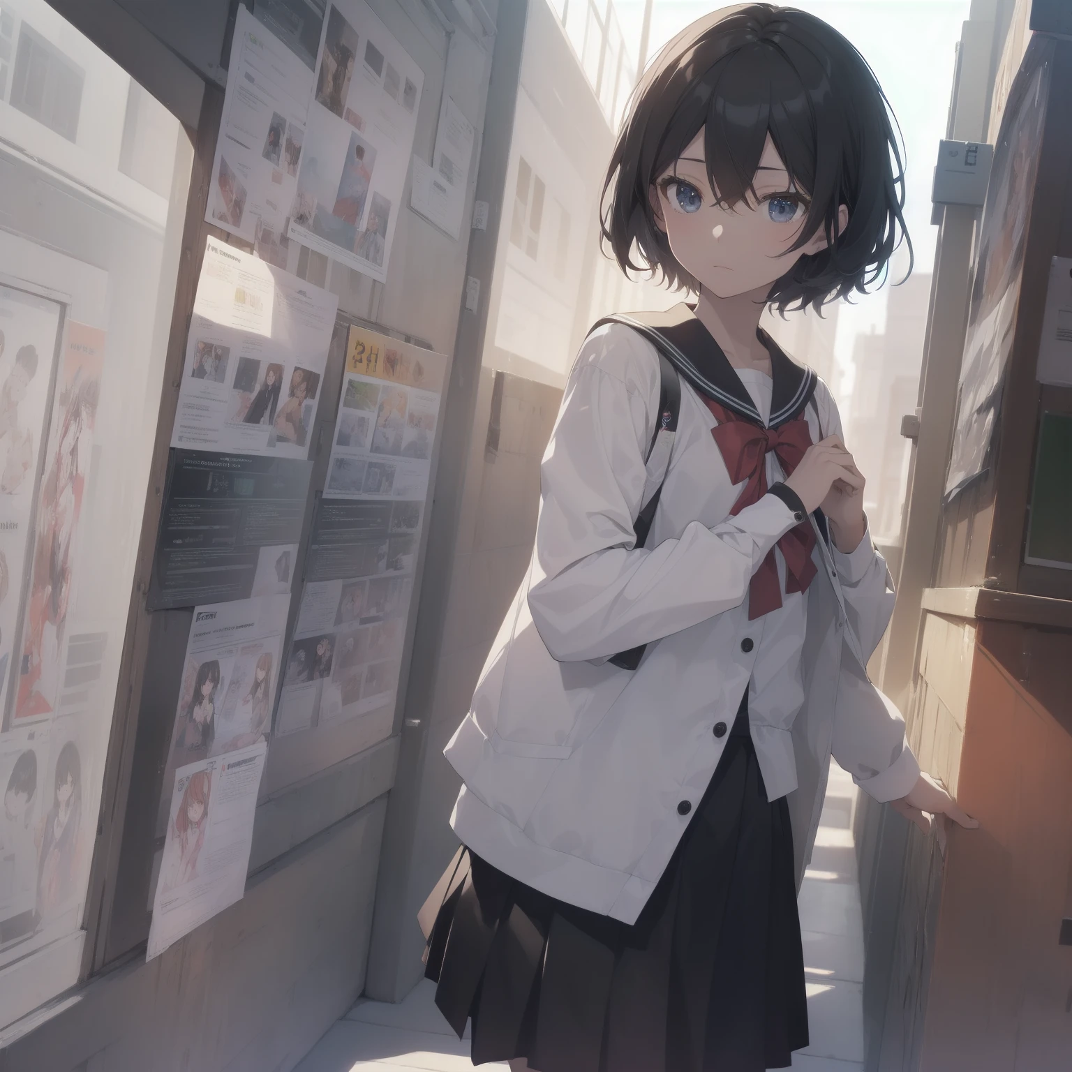 ultra-absurdres-Top quality by artist God, ultra-detailed, high resolution, anime moe artstyle, best anime 8k konachan wallpaper, pixiv contest winner, pool:2810, perfect anatomy,break, 1girl, (Please draw a girl walking sleepily to school alone. )break,(Solo,little female, 13-year-old:1.3),Full limbs, complete fingers,a junior high school student, (very short hair), short cut, flat chest, , small butt, small black eyes, beautiful detailed eyes, well-proportioned iris and pupils, expressive eyes, highres detailed hair, soft expression, salor school_uniform, sailor collar, serahuku, bow, pleated skirt,(Detailed Lighting), (Detailed background), in the School commute route. break,super detailed skin, Best cinematic lighting powered by famous artist, 8k,beauty illustration,photoshop_(medium),very aesthetic,break,((artist:izumi_tsubasu )), artist:clamp ,artist:carnelian ,artist:kantoku ,