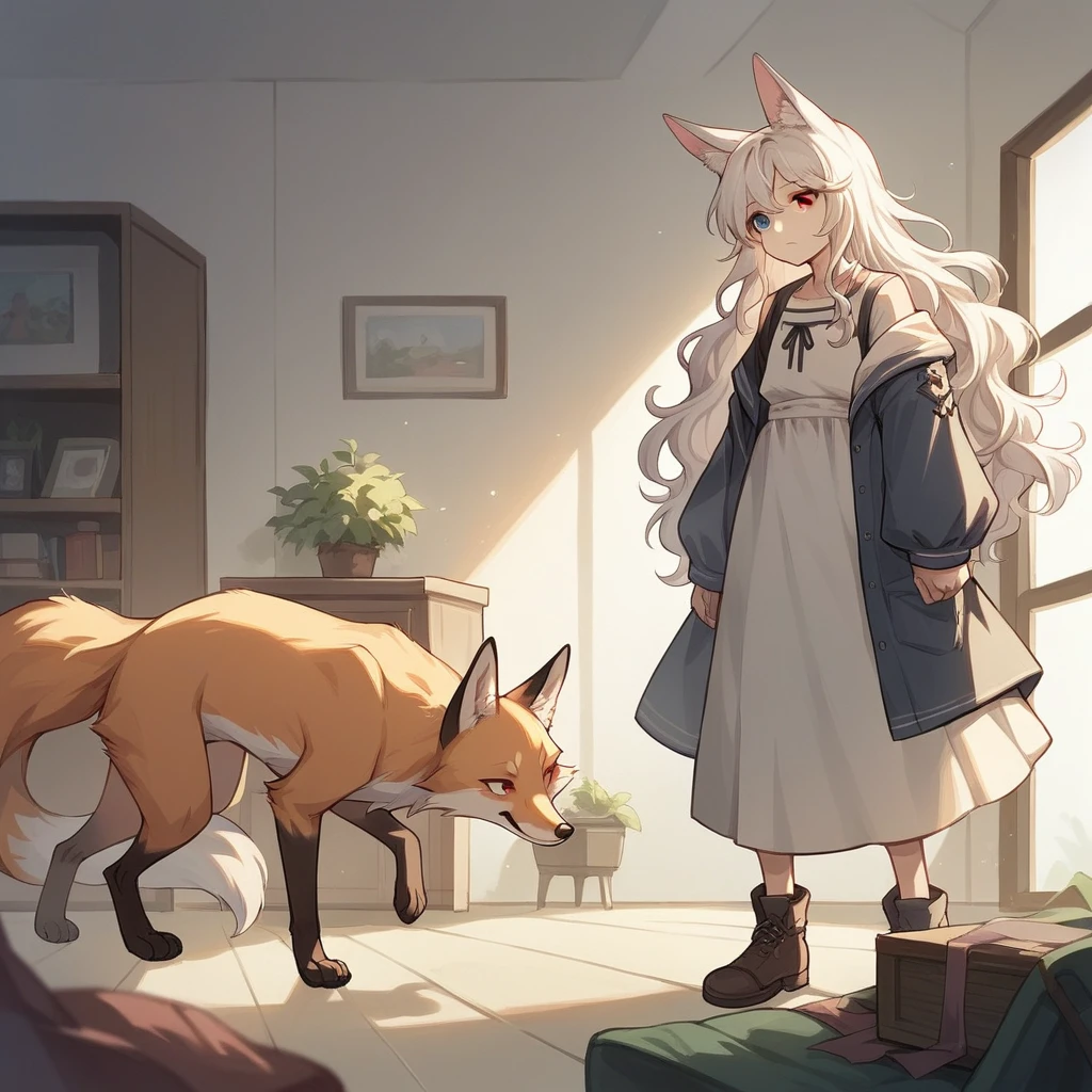 a realistic anime fox couple standing in a living room piggyback riding, With a guy and a girl. First is a Guy he got pale skin, lean build, shoulder-length White hair, white fox ears, and Red Eyes, He has an expressionless face, Second is a girl kitsune with long pink wavy hair, and blue eyes, fox ears, Full view, Whole body