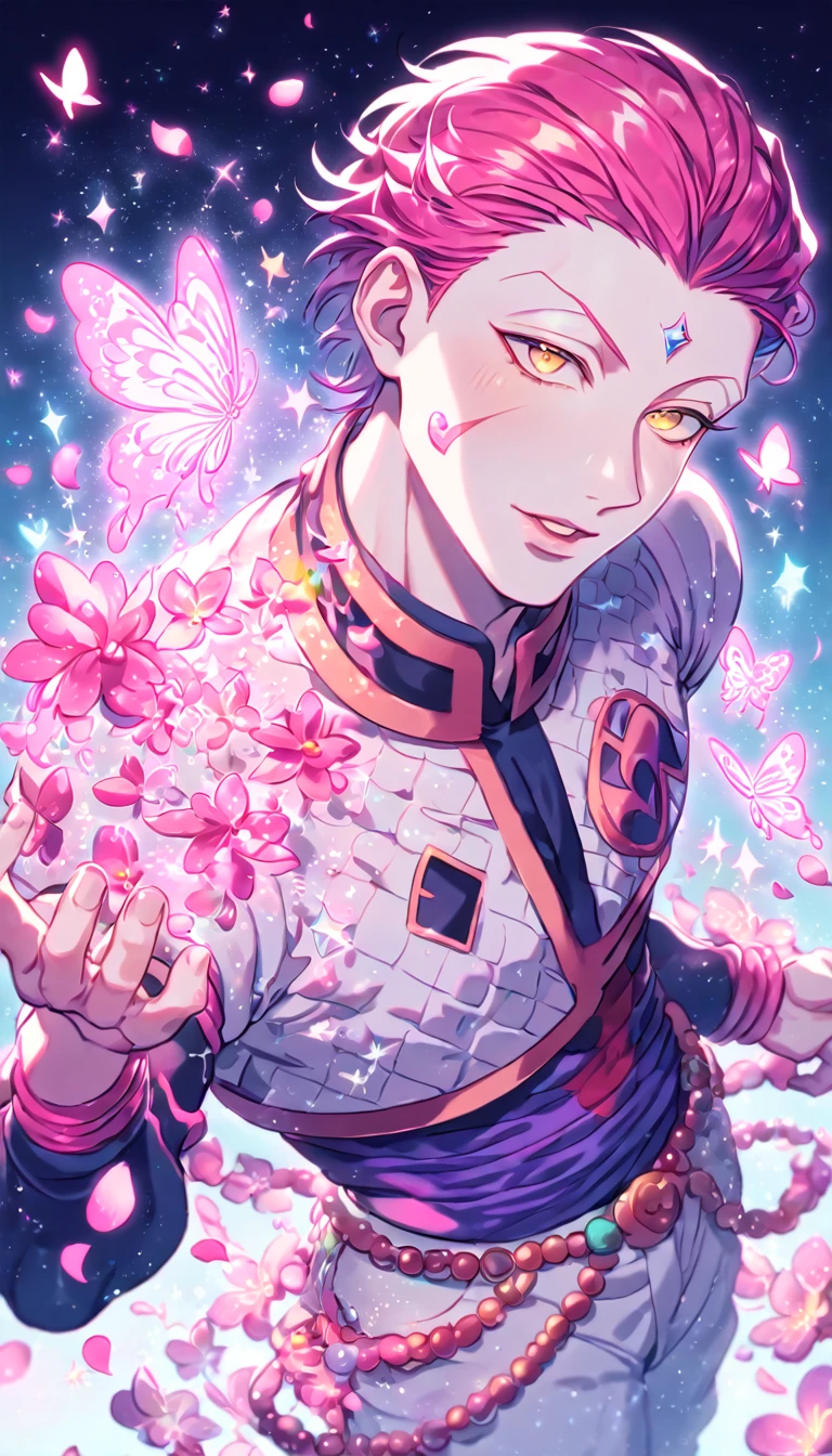 absurdres, highres, ultra detailed, HDR, master piece, Hisoka Morou, red fuchsia hair, slicked back, expressive yellow eyes, white cropped shirt with patterns, Hunter X Hunter, fantasy, glittering pink butterflies, petals, magical, handsome, sexy man, solo, very detailed eyes and face, glittering, pink flowers, a star mark on his left cheek, a water droplet on his right cheek, manly man, sensual, horny, crystal light, pink shining fireflies, pink fire, white pants,