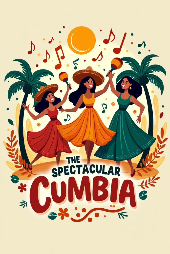 Create a logo for a young cumbia music band that is happy and dancing. The band is called "The spectacular Cumbia"