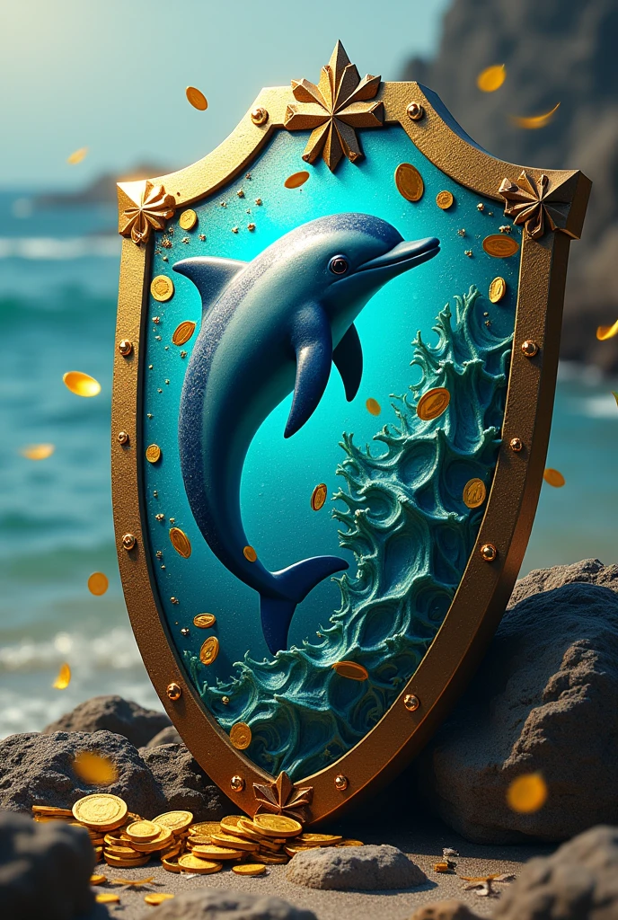 Create a shield as a reference to the vanguard of Dota 2 but with the idea of putting a dolphin and combine it with themes related to the economy
