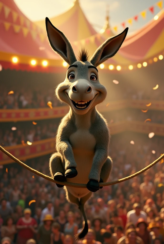 Shrek's donkey without his front tooth on the tightrope