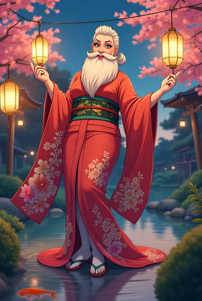 Ghibli style、Illustration of a large-bodied drag queen、kimono、beard、Japanese