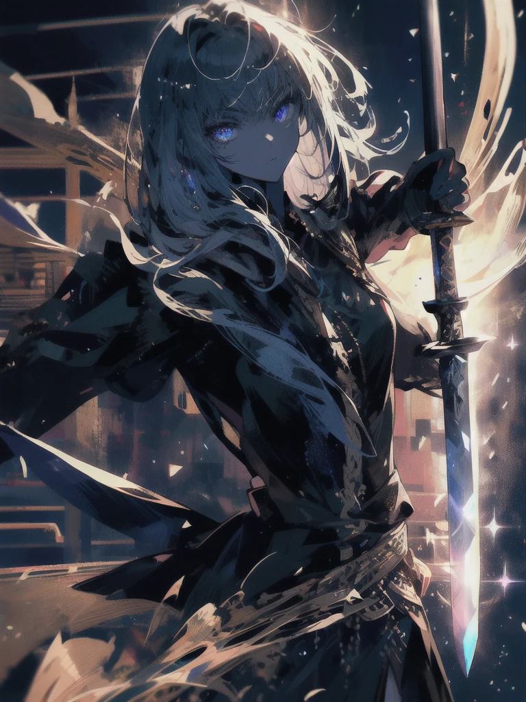 Holding a one-handed sword、Please take the black sword.、((masterpiece, highest quality, Super detailed, High resolution)), alone, beautiful girl, shining eyes, perfect eyes, 15 years old, black white gold theme,