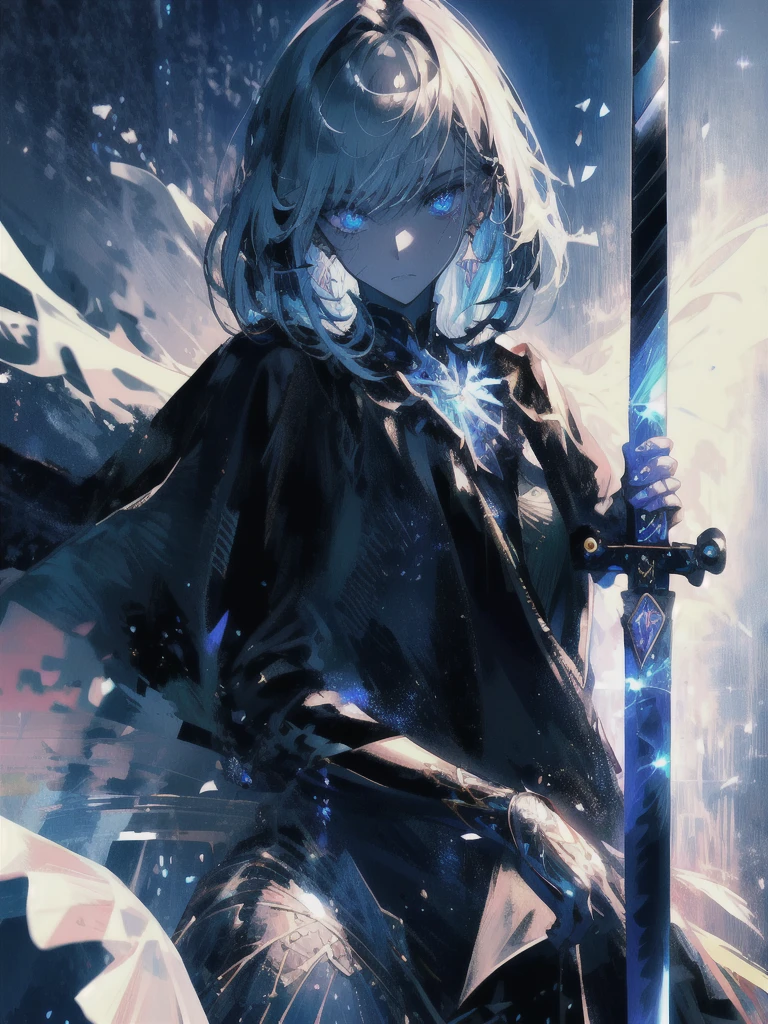 Holding a one-handed sword、Please take the black sword.、((masterpiece, highest quality, Super detailed, High resolution)), alone, beautiful girl, shining eyes, perfect eyes, 15 years old, black white gold theme,