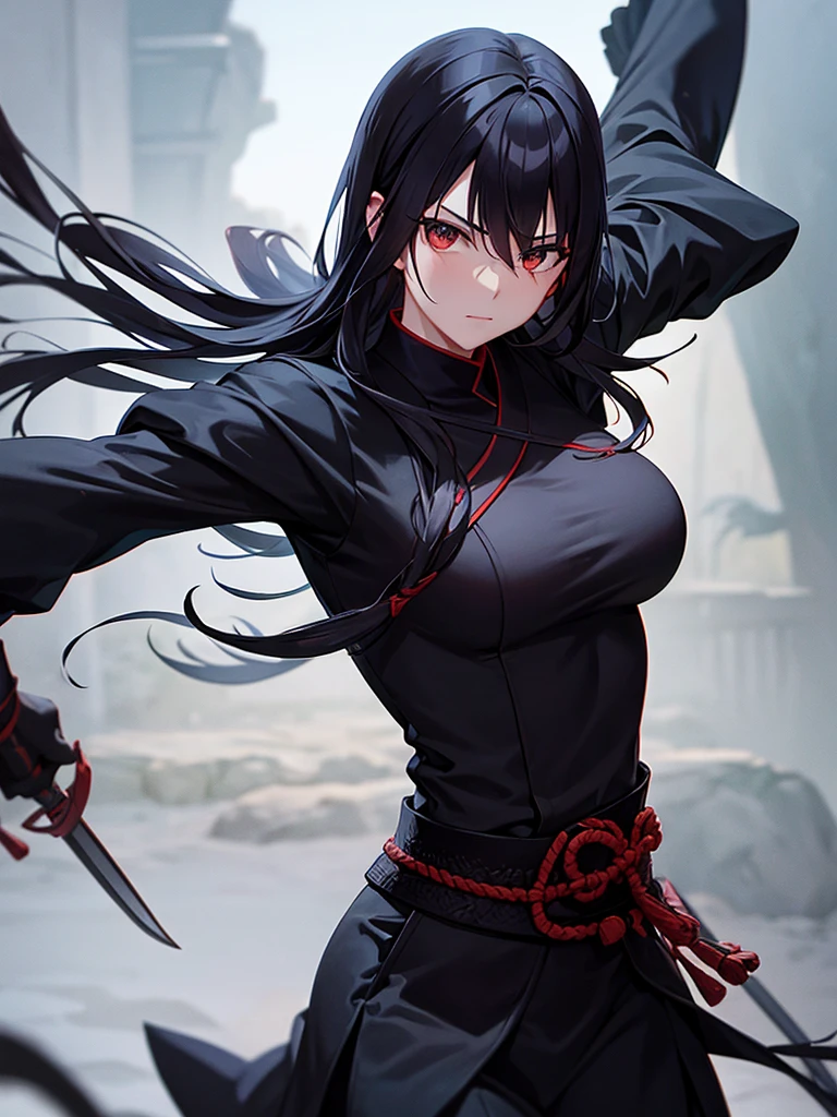 An assassin warrior with daggers and black clothes in a typical Japanese village