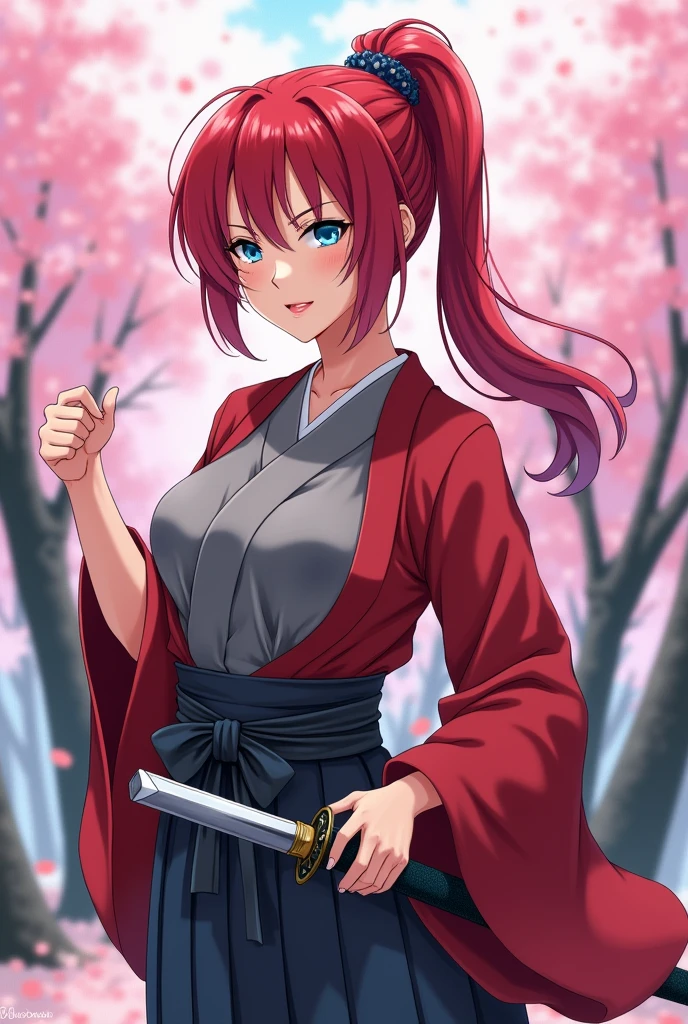 Anime, Japanese woman in a kimono, with blue eyes, red hair, long hair in a ponytail, gray hakama, crimson clothing, a katana on her left hip, large breasts, and a large backside, with an emphasis on her chest. 