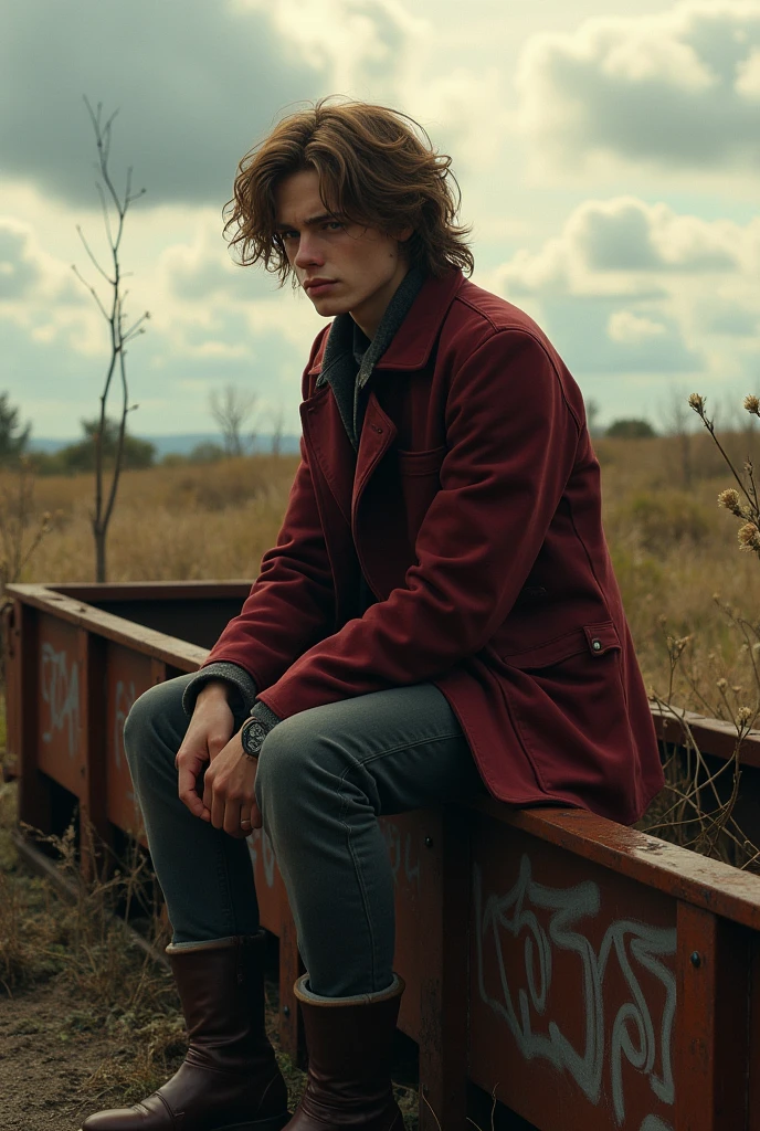 sad male ager long brown hair light skin wearing burgundy coat on old abandoned rusty train with details