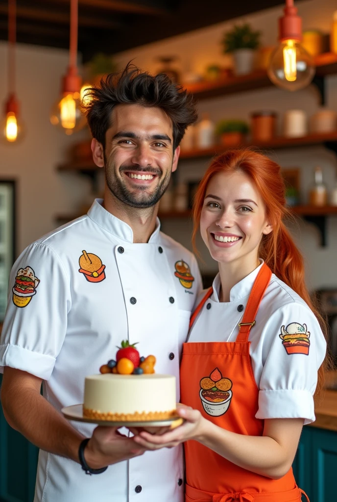 Logo of a young couple, a male and female chef, holding a cake and a skewer, for a fast food restaurant named Sweet Moments