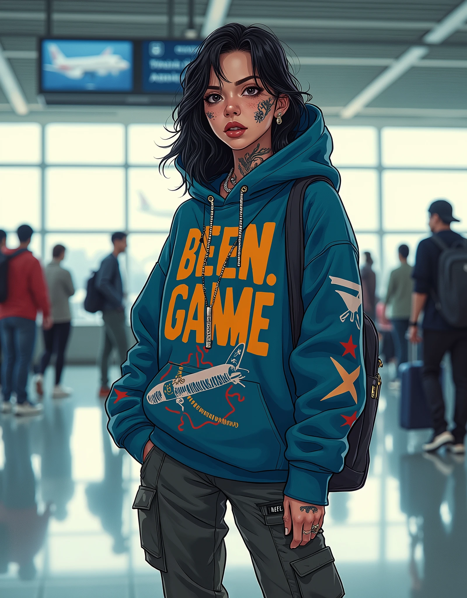 Asian Girl Rapper, at the airport, big hoodie, very pretty, face_tattoos, comic style, cartoon, comic style, gangster, tech wear outfit, dynamic