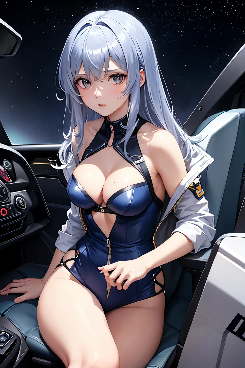 (((Highest quality、first class、masterpiece、Normal body、8k、Detailed face、Ultra-precision、normal hand、Normal refer to、5refer to、Highest)))、Eternal Frail、Silver Hair、Long Hair、Slender、Small breasts、Lady、kid、clear、pure、A blue suit that reveals a cleavage、Navy blue shorts、"SD Gundam G Generation"、Gundam、Pilot a Gundam、Gundam Pilot、Mobile Suit Pilot、Gundam Cockpit、Mobile Suit Cockpit、Sit in the cockpit、Seat belt((Seat belt spanning from the shoulder to the cleavage and crotch of the pilot's seat.))、Grip the control stick、Surround monitor、All-day monitor、View Monitor、universe battle、universe、Fast Combat、High-speed maneuver、Speedy space background、Fluid Background
