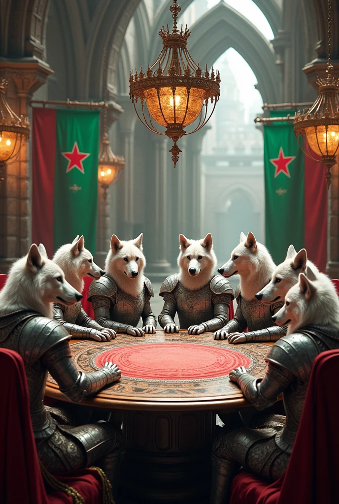 (photorealism:1.2),8 legendary silver wolves and pink and white she-wolves with armor of the gods Heineken at a medieval round table ,castle background with Heineken flags 