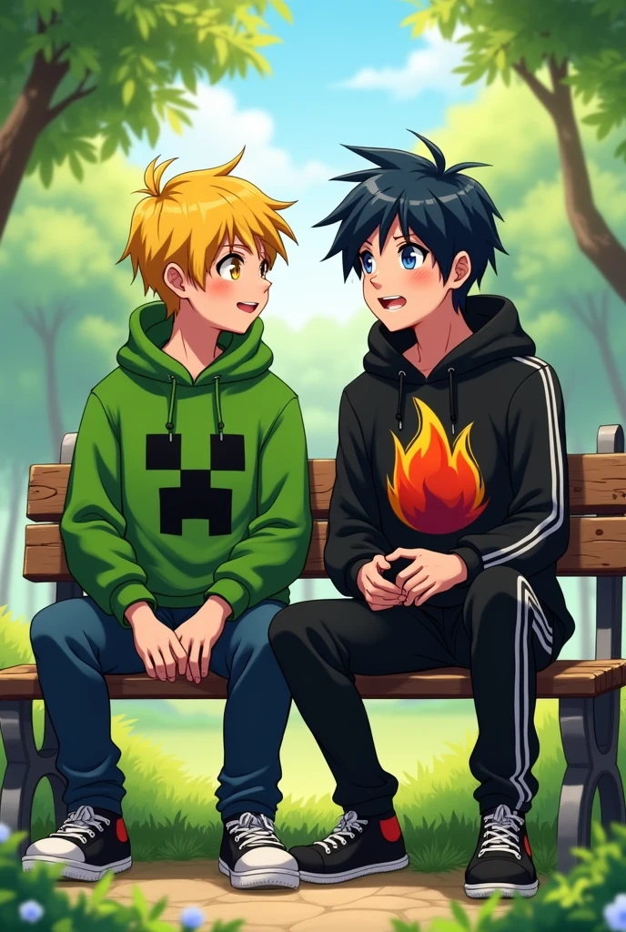 A yellow-haired anime boy with yellow eyes wearing a green sweater with a creeper logo, blue pants and black shoes, is chatting on a bench with another anime boy who has blue eyes, black hair, and is wearing a black sweater with a red, orange and yellow fire logo, black pants with white stripes down the sides and white shoes.