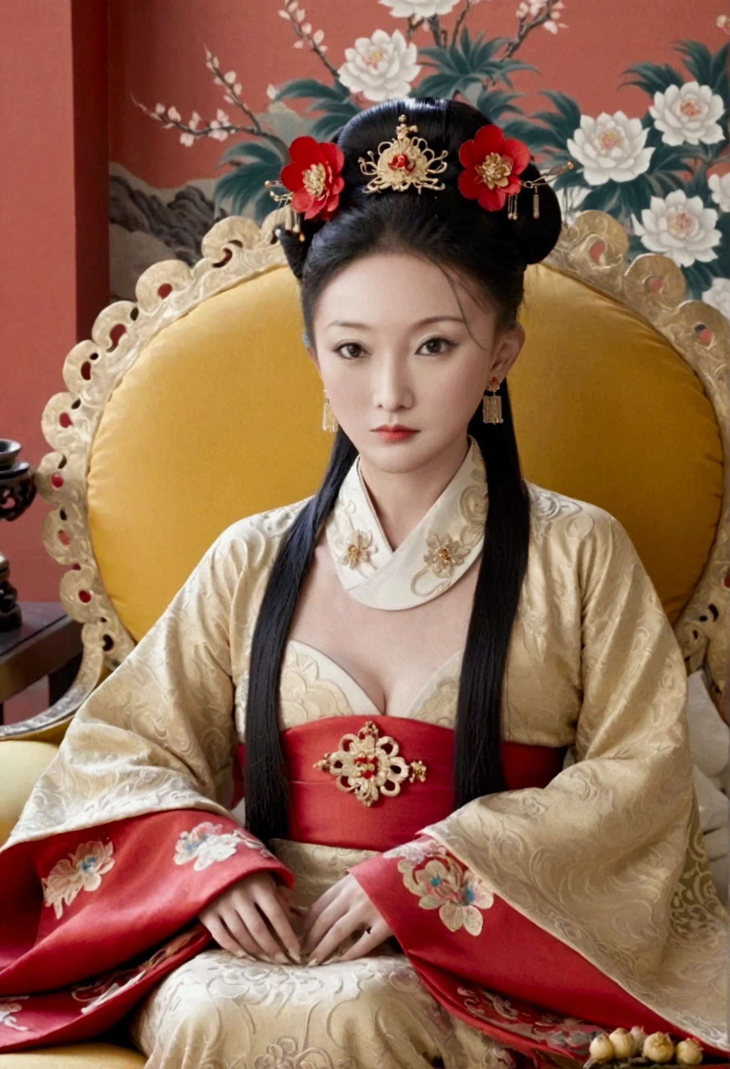 The naked front or seen appearance of a luxurious Empress from the Qing Dynasty of China, sitting on a large golden sofa., Large breasts and a pornographic pose, her hair tied on both sides、A beautiful hairpin and flower ornament, the Empress of China、Hair tied in the back, a perverted and erotic female background、The setting is the luxurious room of the Empress in the Qing Dynasty palace of China。.。