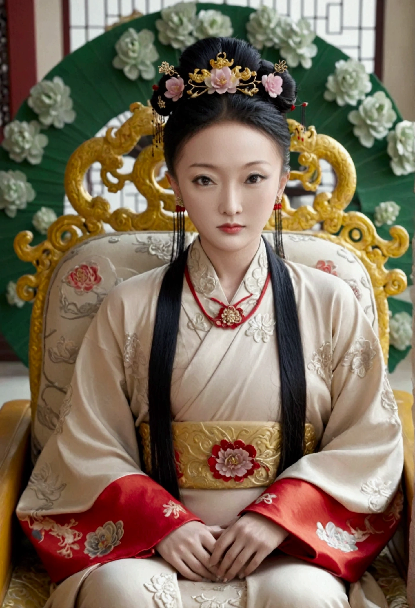 The naked front or seen appearance of a luxurious Empress from the Qing Dynasty of China, sitting on a large golden sofa., Large breasts and a pornographic pose, her hair tied on both sides、A beautiful hairpin and flower ornament, the Empress of China、Hair tied in the back, a perverted and erotic female background、The setting is the luxurious room of the Empress in the Qing Dynasty palace of China。.。