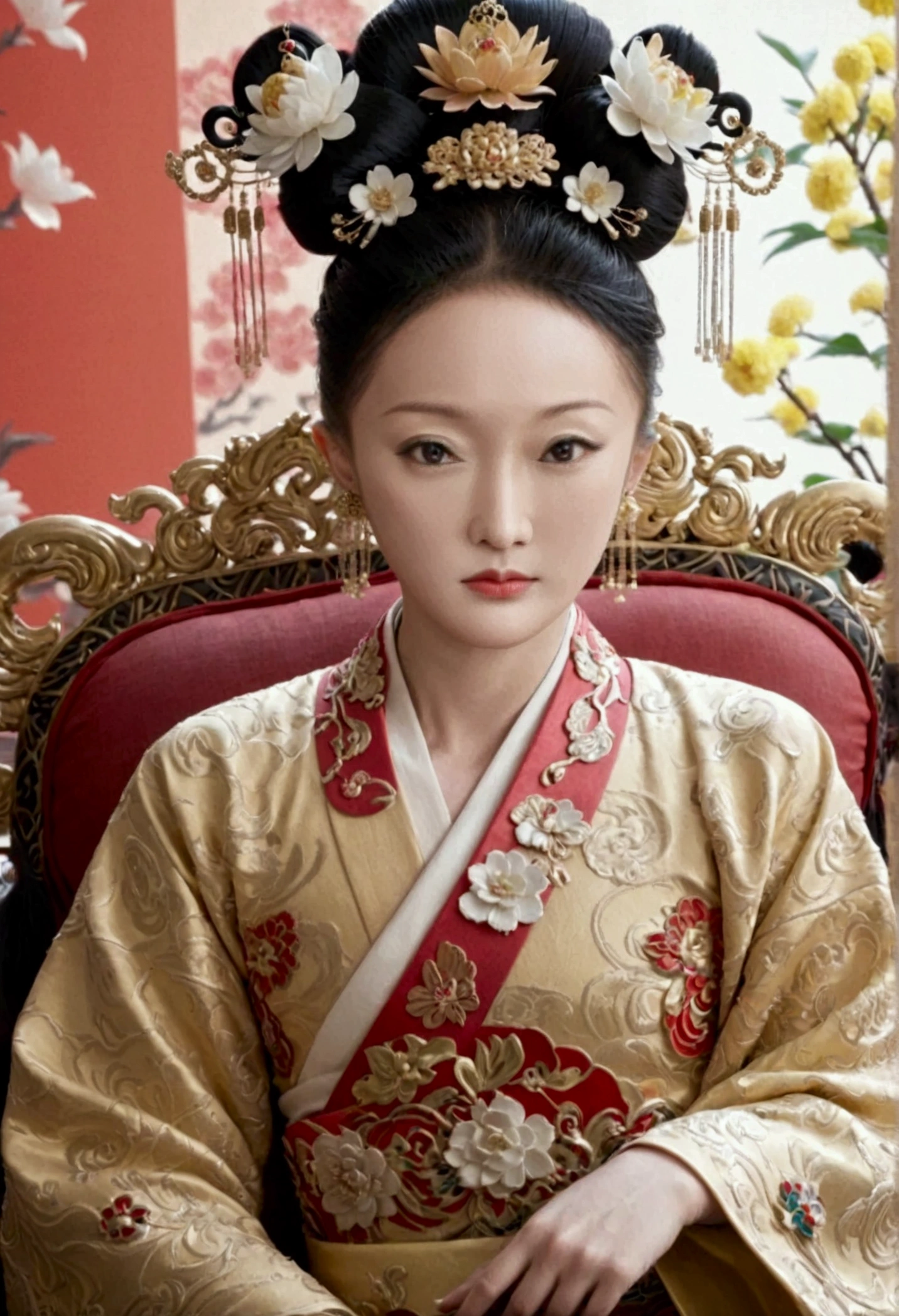 The naked front or seen appearance of a luxurious Empress from the Qing Dynasty of China, sitting on a large golden sofa., Large breasts and a pornographic pose, her hair tied on both sides、A beautiful hairpin and flower ornament, the Empress of China、Hair tied in the back, a perverted and erotic female background、The setting is the luxurious room of the Empress in the Qing Dynasty palace of China。.。