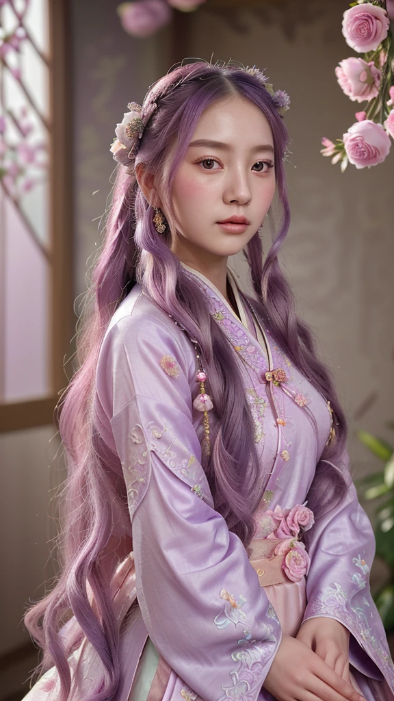 A photorealistic portrait of a beautiful young woman in traditional Chinese hanfu, with long flowing lavender hair adorned with ornate hair accessories, pastel pink and purple color scheme, intricate details on clothing with floral embroidery and tasseled jewelry, soft dreamy background with pink roses and hanging ornaments, ethereal and romantic atmosphere.