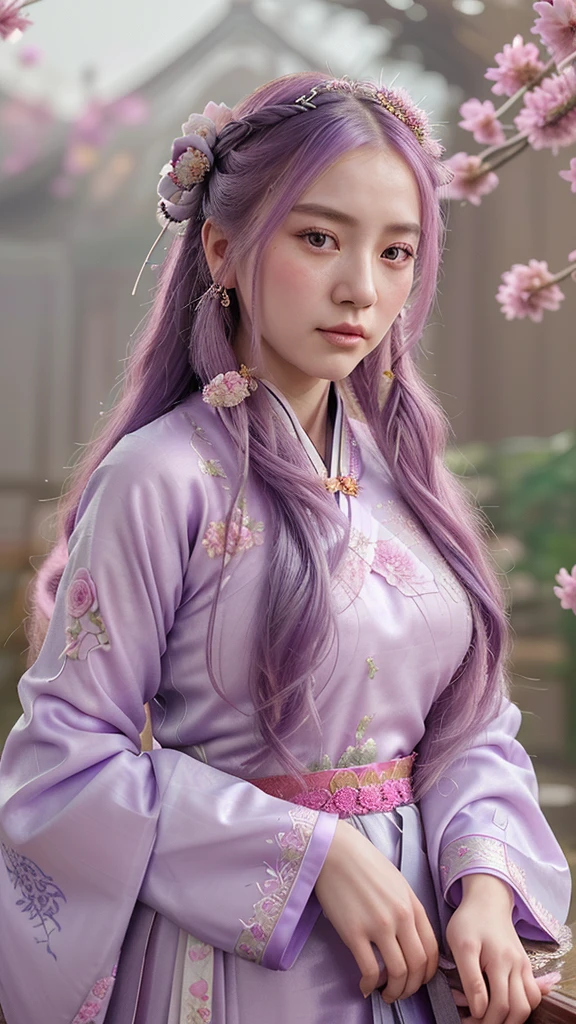 A photorealistic portrait of a beautiful young woman in traditional Chinese hanfu, with long flowing lavender hair adorned with ornate hair accessories, pastel pink and purple color scheme, intricate details on clothing with floral embroidery and tasseled jewelry, soft dreamy background with pink roses and hanging ornaments, ethereal and romantic atmosphere.