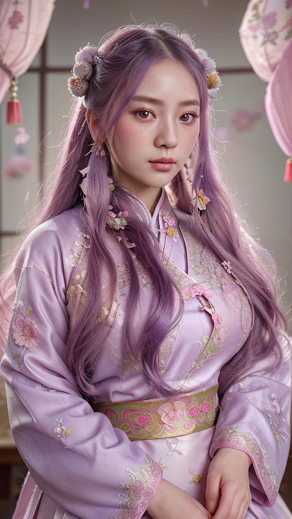 A photorealistic portrait of a beautiful young woman in traditional Chinese hanfu, with long flowing lavender hair adorned with ornate hair accessories, pastel pink and purple color scheme, intricate details on clothing with floral embroidery and tasseled jewelry, soft dreamy background with pink roses and hanging ornaments, ethereal and romantic atmosphere.