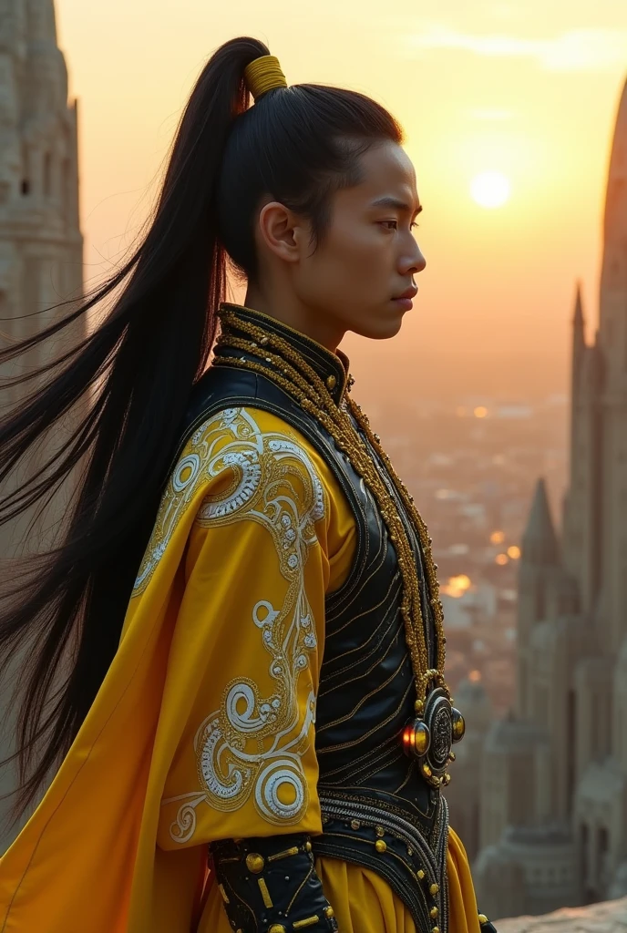 Draw a man with long black hair tied back , with two strands of yellow hair going forward , wearing yellow, white, and black clothing in a futuristic medieval style 