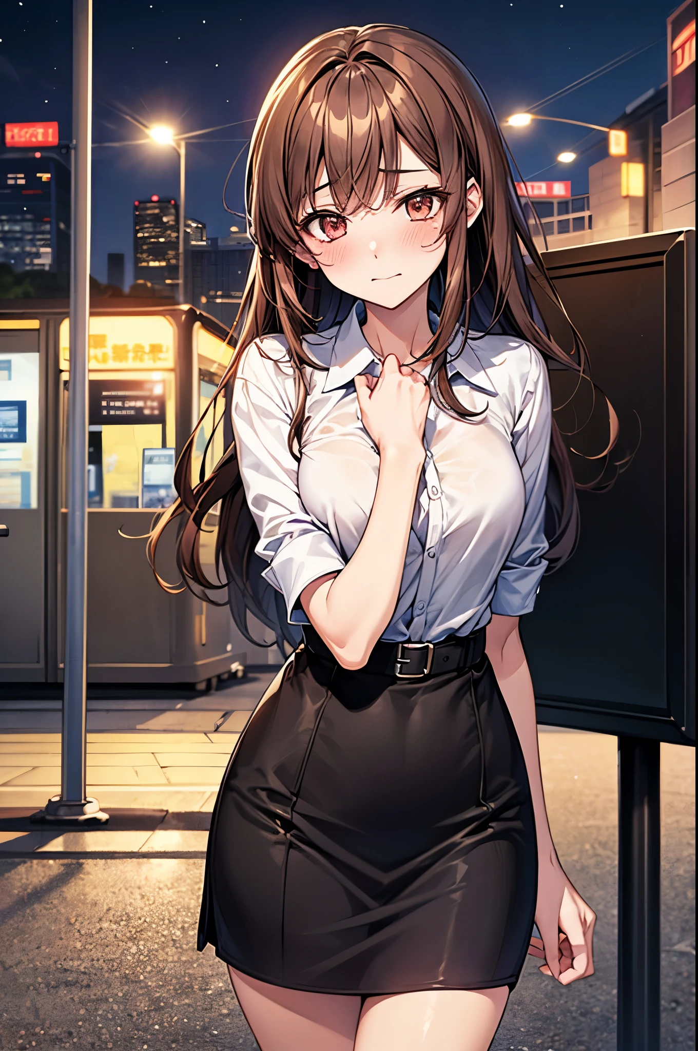 (masterpiece:1.2),Highest quality,Pixiv,Amagi Shino Office Lady,
One person,独奏,Brown Hair,Long Hair,chest,View your viewers,Brown eyes,office lady,OL,blush,shy,
street,night,bus,station,
