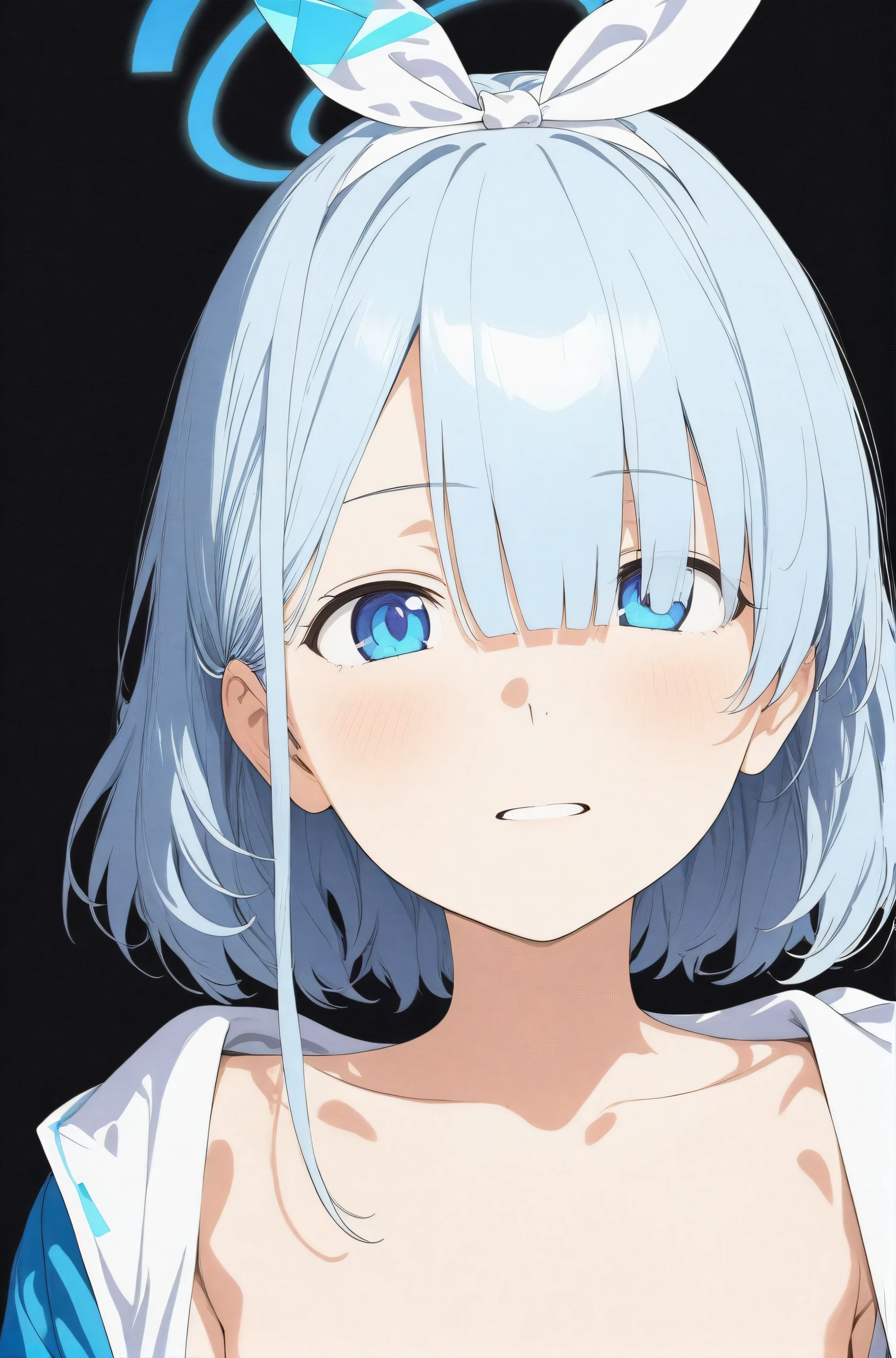 Highest quality, Great quality, so beautiful, Absurd, One girl, that's it (Blue Archive), Blue Archive, blue eyes, Strapless, (Official artist art:1.5), (Realistic Face), (I narrowed my eyes.), (Cowboy Shot), (Concept Art:1.5), panties, (thigh), Expressive eyes, Perfect Face, 4K, A highly detailed anime illustration, Very fine grain, Enhanced Details, Perfect Anatomy, light, Photo Background, Very delicate body, Smooth Skin, Feminine expression, (Black background:1.5), Clear eyes, Beautiful Face,