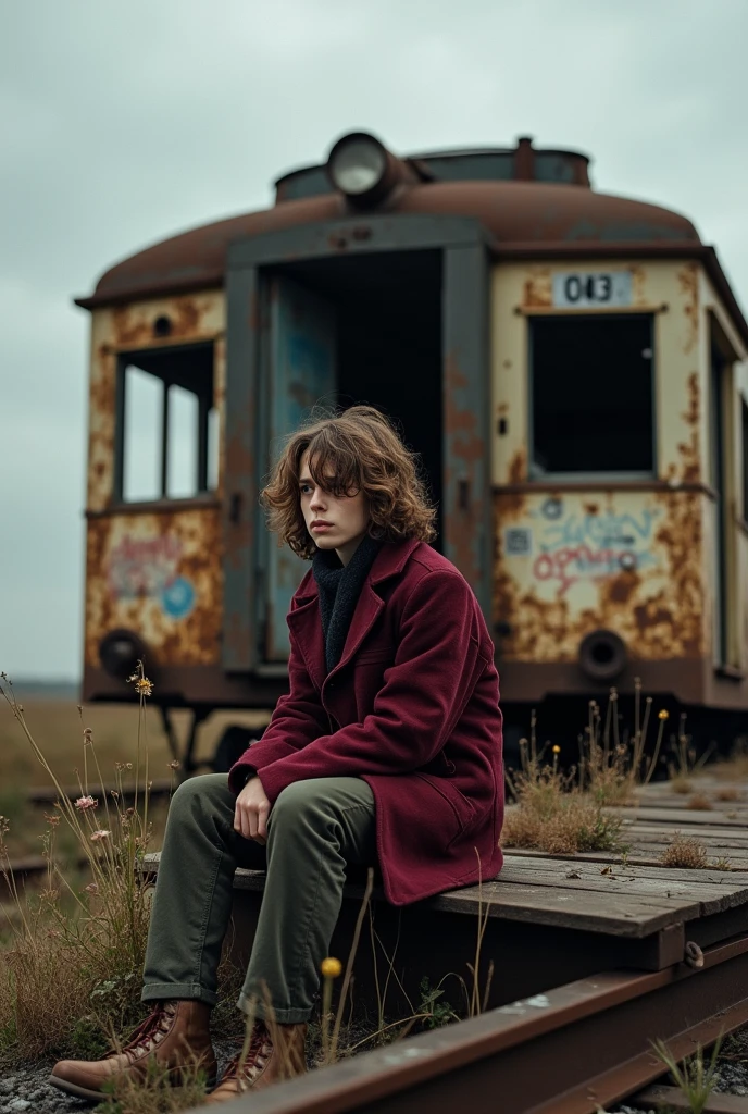 sad male teenager long brown hair light skin wearing burgundy coat on old abandoned rusty train with details