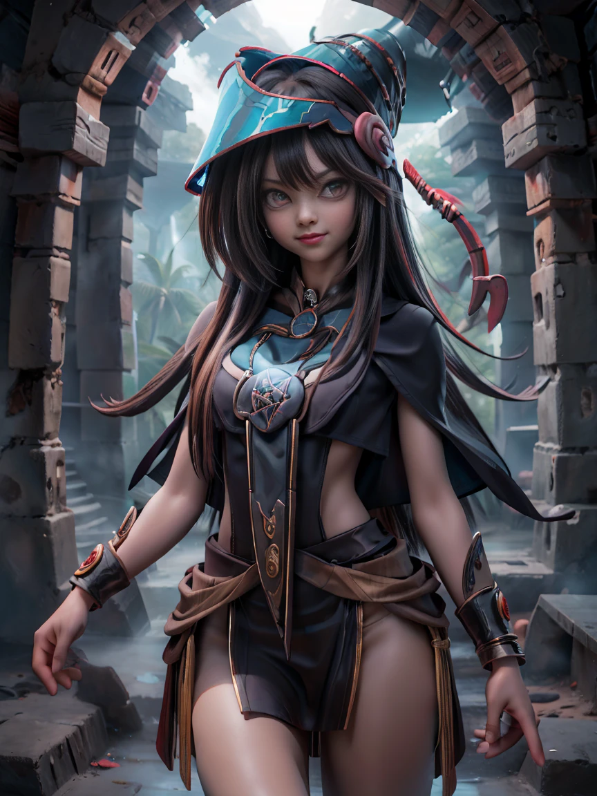 Woman of 30 Dark magician gils Mayan version she is standing, Magic hearts background. Sonrisa en sus labios. Ojos celestes. Cabello dorado. Where to find Mayan ruins . Un ave quetzal vuela a su alrededor