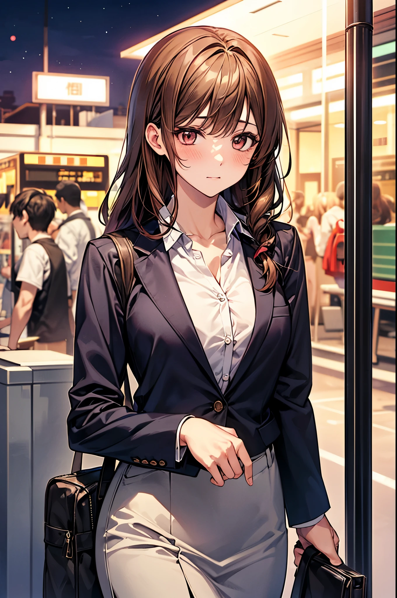 (masterpiece:1.2),Highest quality,Pixiv,Amagi Shino Office Lady,
One person,独奏,Brown Hair,Long Hair,chest,View your viewers,Brown eyes,office lady,OL,blush,shy,
street,night,bus,station,
