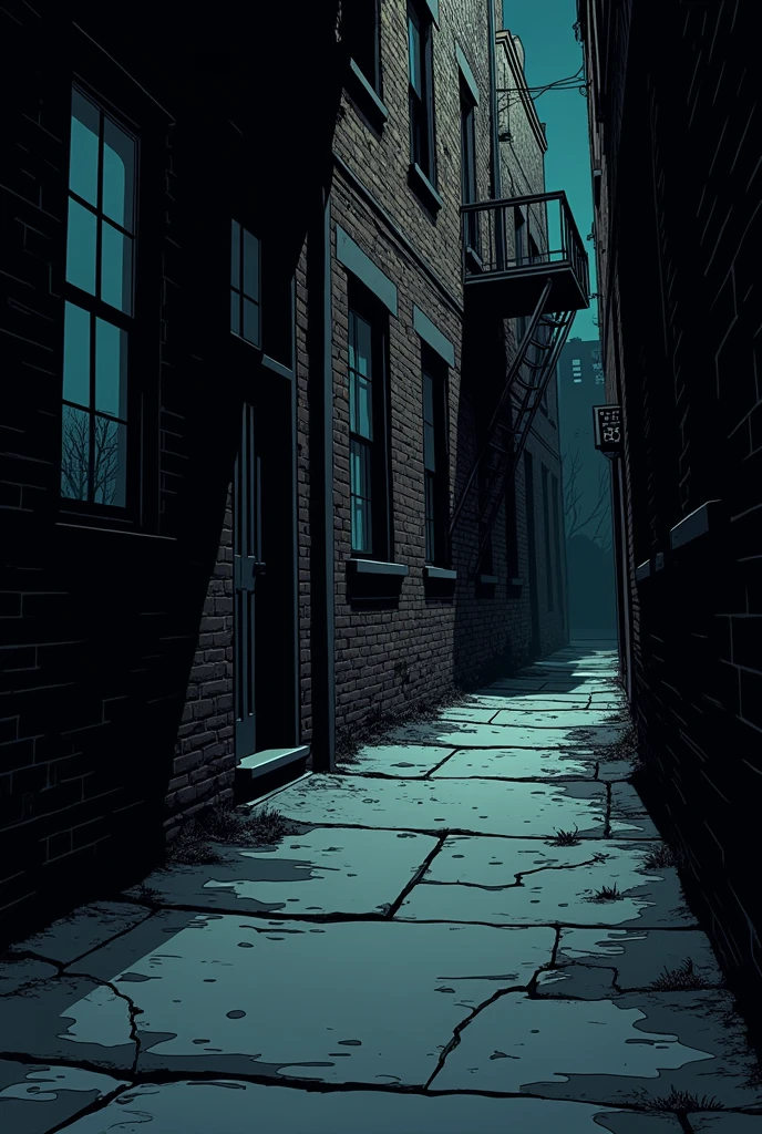 Photo of warped, simple, narrow, winding ,old creepy, abandon alleyway with broken old concrete path, with 3 dark windows and fire escape, one point perspective. Very dark night time, dark, with lighting contrast. Cartoon style thick black lines art no lamps