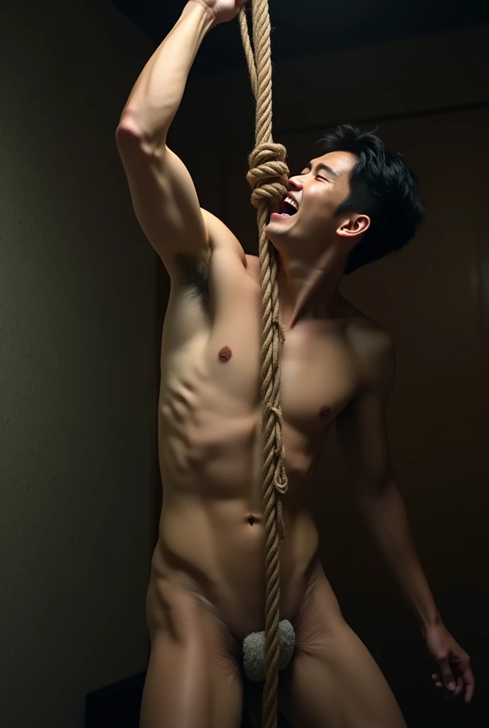 (Photorealistic:1.2、Highest quality、8k)、(Beautiful 18 year old boy、Man with beautiful face、Face enduring severe pain、Crying with a big mouth open )、Sexual charm、Rape、sexual torture、Sexually attractive、Crushing a man's crotch、Big penis、Grabbing the man's crotch hard、Grab the crotch、Erotic photos、Scream in pain、Sexy posture、A boy is hanging from the ceiling with his arms tied with a rough rope、Sweat、The rope bound his body、Wet body、Rough rope digging into crotch、、One leg is suspended above by a rough rope、Tied up with rope、Tightly bound、My hands are tied、Feet dangling from shackles、Roppler biting his groin、A brutal lynching、Brutal Lynching、Severe pain、The man is a black-haired Japanese man.、A beautiful face like a woman、Handsome、Erotic Pose、The rope is digging into her crotch、Full nudity、I'm not wearing anything、The rope is tightening around the testicles、Okita Souji、Actor、Naked、muscle、(Sweat:1.2)、Fine skin、(Film lighting)、Bright light、The lighting is bright、dojo、、Stripped naked、、double eyelid、(Fascinating crotch)、((excited))、Six Pack Abs、Phimosis、