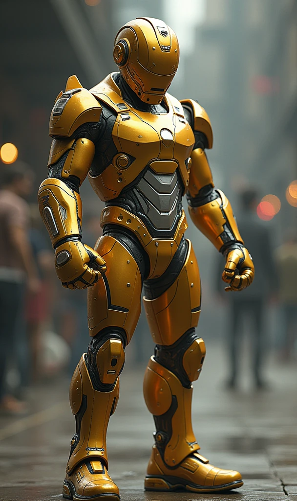 Create a boxer with a golden and silver android armor from the future