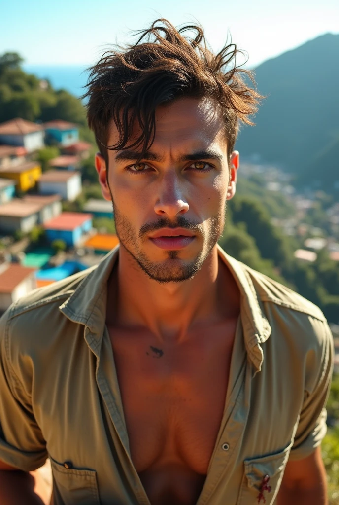 Man, beautiful, attractive face, hazel eyes, perfect jaw and chin, muscular, defined, attractive body , wearing a dirty, torn shirt , rebellious brown hair, sun-burnt , in the Brazilian favela , with houses from Brazil  , hold in hand , cigarro de marijuana, looking at the landscape from the hill 