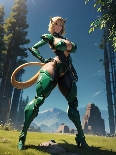 solo, blonde girl, super fine photo, portrait Unreal Engine 5 8K UHD of sexy girl, standing in rock, skin tight, mecha outfit, mecha headphone, sensual pose, green mecha suit, hot iconic character, smooth skin, full body, futuristic suit, mecha machine in belly, mecha bra with blue LED, green mecha belt, collar, green mecha glove, high mecha boots, green mecha arm and leg, black mecha pant, best quality, masterpiece, official art, unified 8k wallpaper, super detail, sharp focus, sexy pose, body parts, no extra limbs, precious anatomy, mountain, big rock, bamboo tree, gras, beautiful sky, a beautiful woman Big breasts and big tail (bewitching thighs very erotic full body)(thick tighs:1.6)(large breast:1.2)