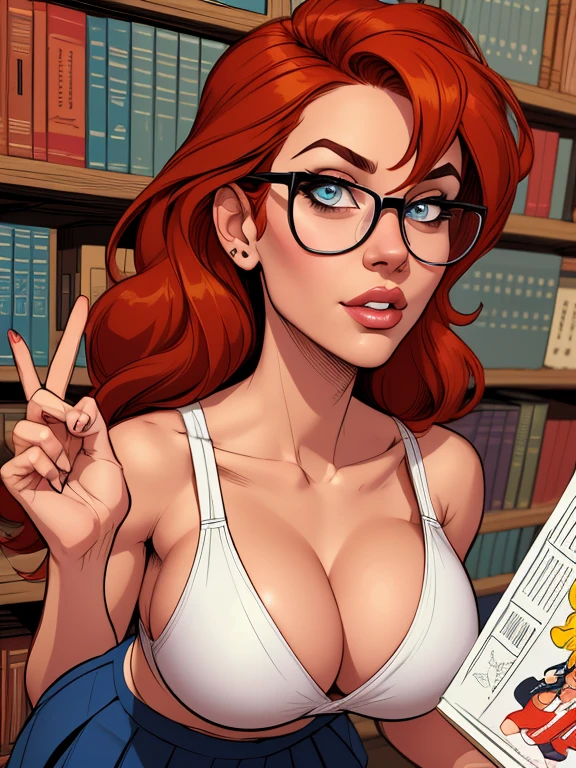 cartoon style:1.2), woman, Krista Allen, draw ART Artline, background a library with bookshelves, spanish woman, woman cartoon, sexy clothes , fearless and super brave girl , cartoon style illustration, cartoon art style, cartoon art style, digital illustration style, very detailed character design, cute detailed digital art, City fan art, portrait character design, linda digital illustration, High quality portrait, comic art, character design portrait, library background. Busty without clothes and very big breasts, perky tits, Cartoon style female character dressed as sexy schoolgirl, Beautiful character pose in dynamic pose, wearing glasses, schoolgirl uniform, deep cleavage, very short skirt, white thong, long stockings, beautiful breasts, well defined body, delicate and sensual, perfect hands, perfect fingers, full lips, long hair red head, cartoon style, digital illustration, J. Scott Campbell style