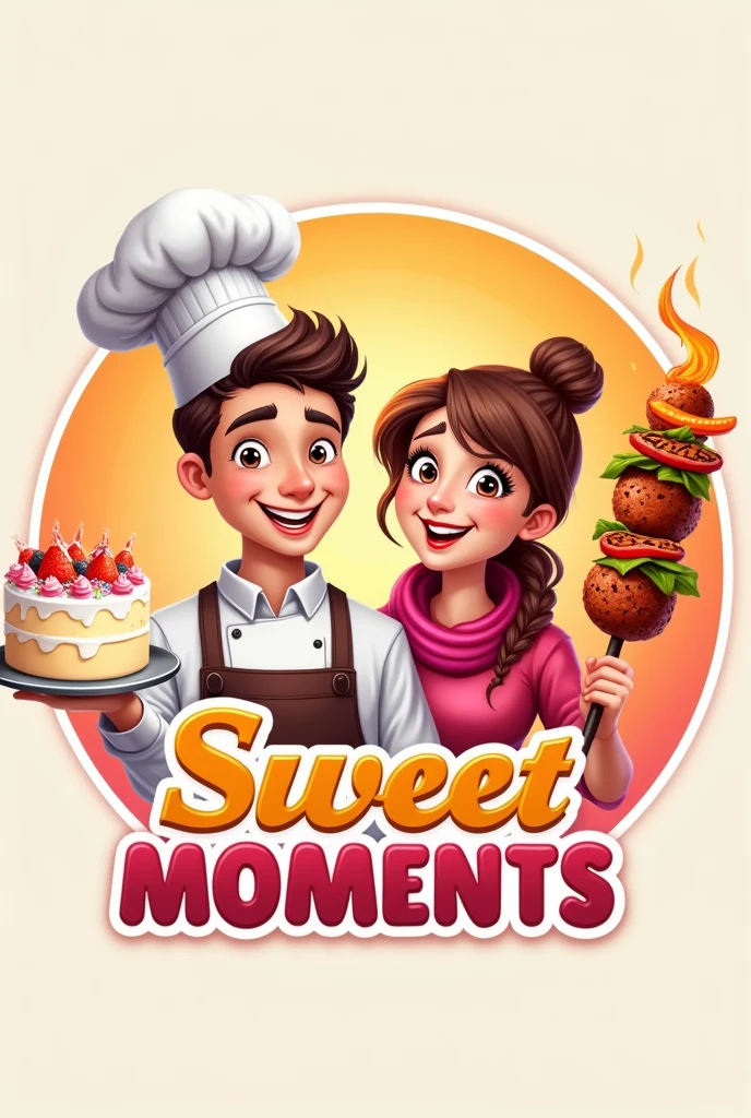 Logo of a young couple, a male and female chef, holding a cake and a skewer, for a fast food restaurant named Sweet Moments