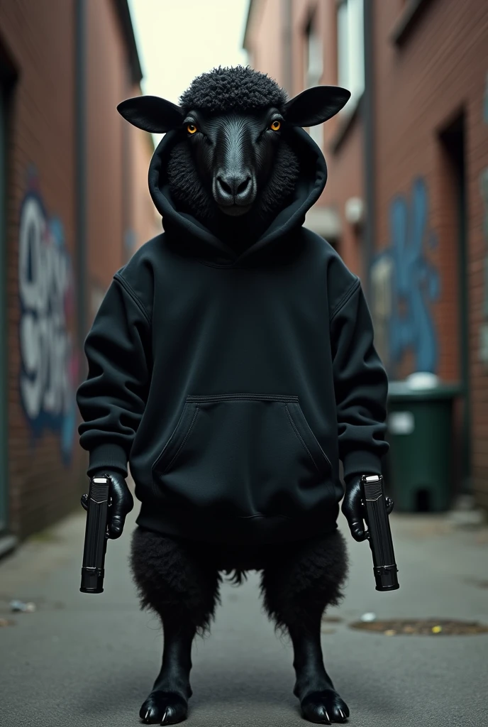 Black sheep animal with gangster Rapper look. With a gun in each hand , Black hooded sweatshirt without designs