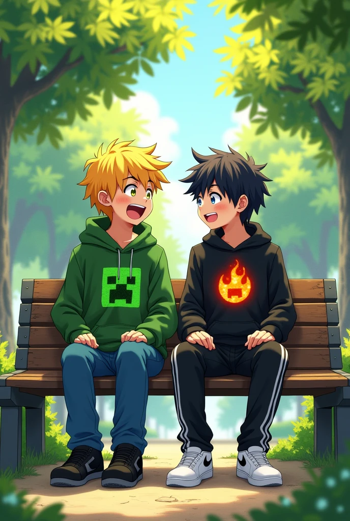 A yellow-haired anime boy with yellow eyes wearing a green sweater with a creeper logo, blue pants and black shoes, is chatting on a bench with another anime boy who has blue eyes, black hair, and is wearing a black sweater with a red, orange and yellow fire logo, black pants with white stripes down the sides and white shoes.