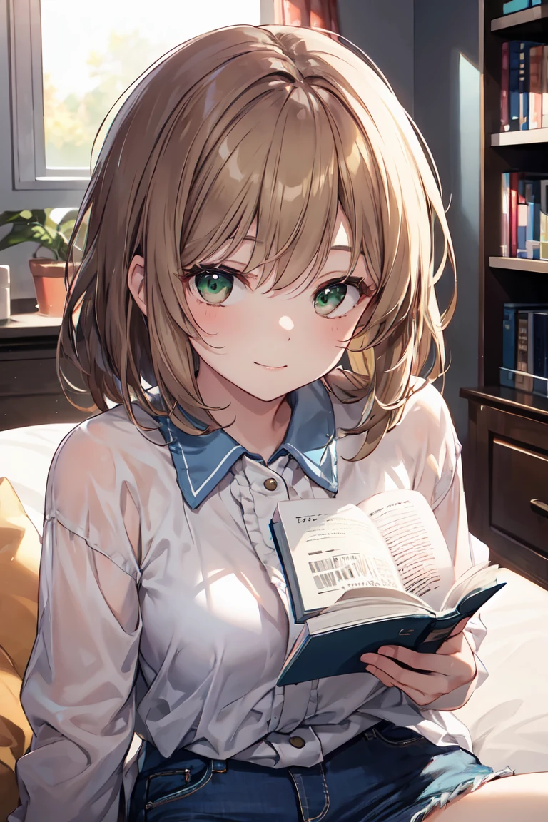 masterpiece, Highest quality, Very detailed), Portrait of an 18 year old woman with light brown hair, Green round eyes, Beige blouse and blue jeans、Smiling Blue Shorts、Reading the Brown Book - Auto Ultrarealistic -