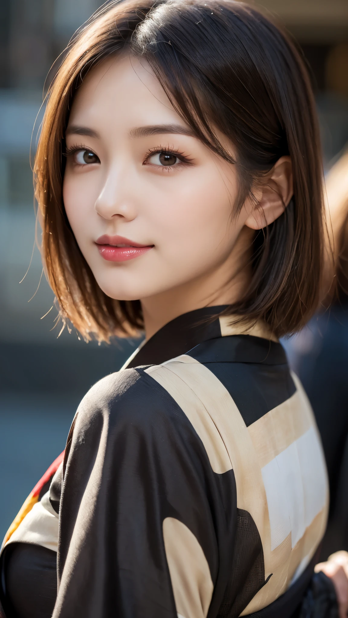(photorealistic, 32k, RAW photo, best quality: 1.5), (masterpiece:1.3), (absurdres, attractive, ultra high resolution, ultra realistic, highly detailed, golden ratio, ultra detailed, super fucking beautiful detailed face), natural makeup, detailed cloth texture, detailed hair texture, beautiful detailed fullbody, Perfect female body, accurate, Anatomically correct, Highly detailed face and skin texture, (beautiful hands), (realistic skin), (beautiful pale skin:1.1),  (Perfect dynamic composition, looking at viewer:1.3), (upper body shot:1.3),  ((Japanese Kimono:1.3)), 
BREAK, 
realistic eyes, beautiful detailed eyes, symmetric eyes, Light Brown eyes, Double eyelids, Thin eyebrows, (Glossy lips:1.4), ((A face with waiting for a kiss, Shy Smile:1.2)), (blush:1.1), 
BREAK, 
((short hair, bob, Dark blonde hair, bangs:1.2))