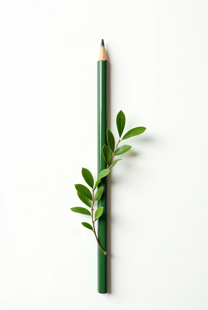 White background pencil vertically direction nib inside floor pencil up side some leaf branch pencil is showing left side of screen. Pencil size is big in size. The pencil sharp side inward and branch of leaf attached out side